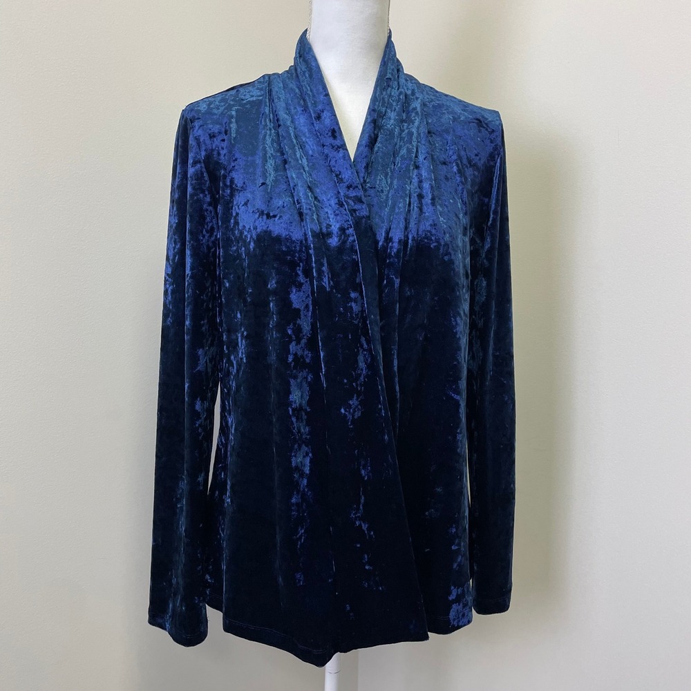 David Dart Navy Blue Crushed Velvet Open Front Cardigan M Shawl Collar
